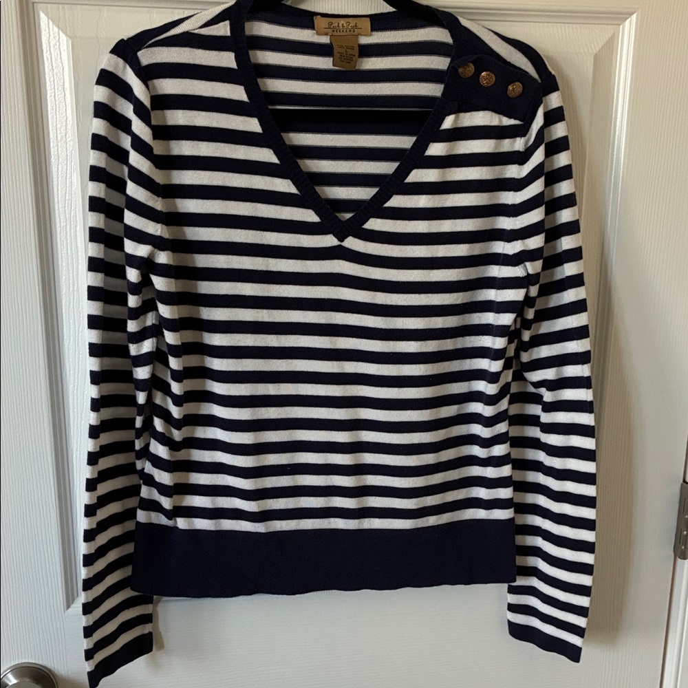Boater Striped V-Neck Sweater with Button Detail